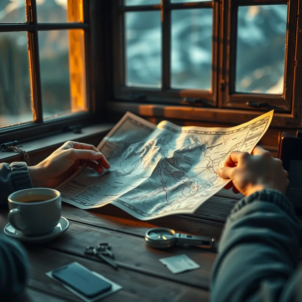 Mani che aprono una carta escursionistica delle Alpi su un tavolo di legno, alla luce della sera.