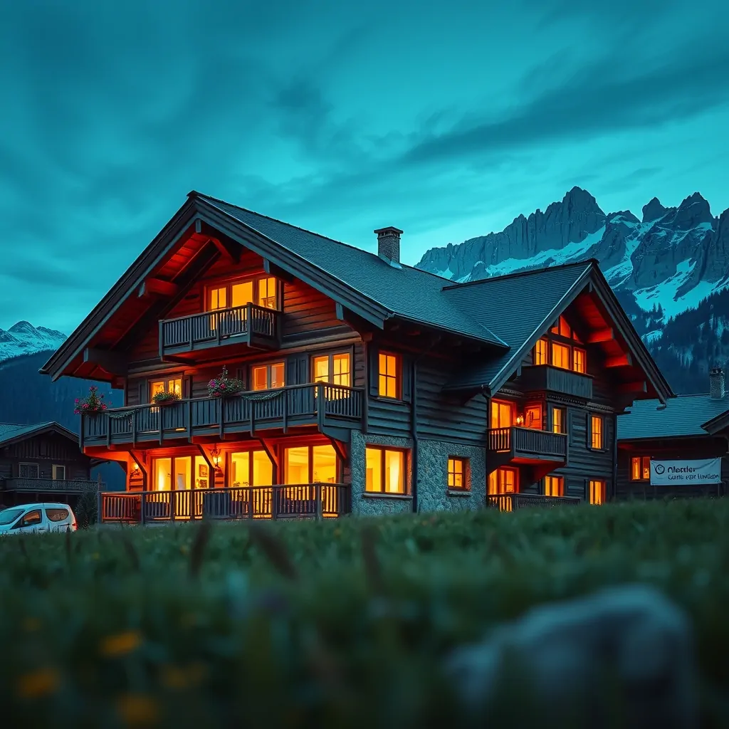 Chalet alpino con le finestre accese all'ora blu, prato estivo e montagne dietro.