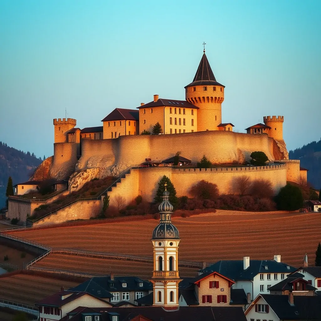 Castello medievale illuminato dal sole della sera sopra i vigneti, con il campanile del paese sotto.