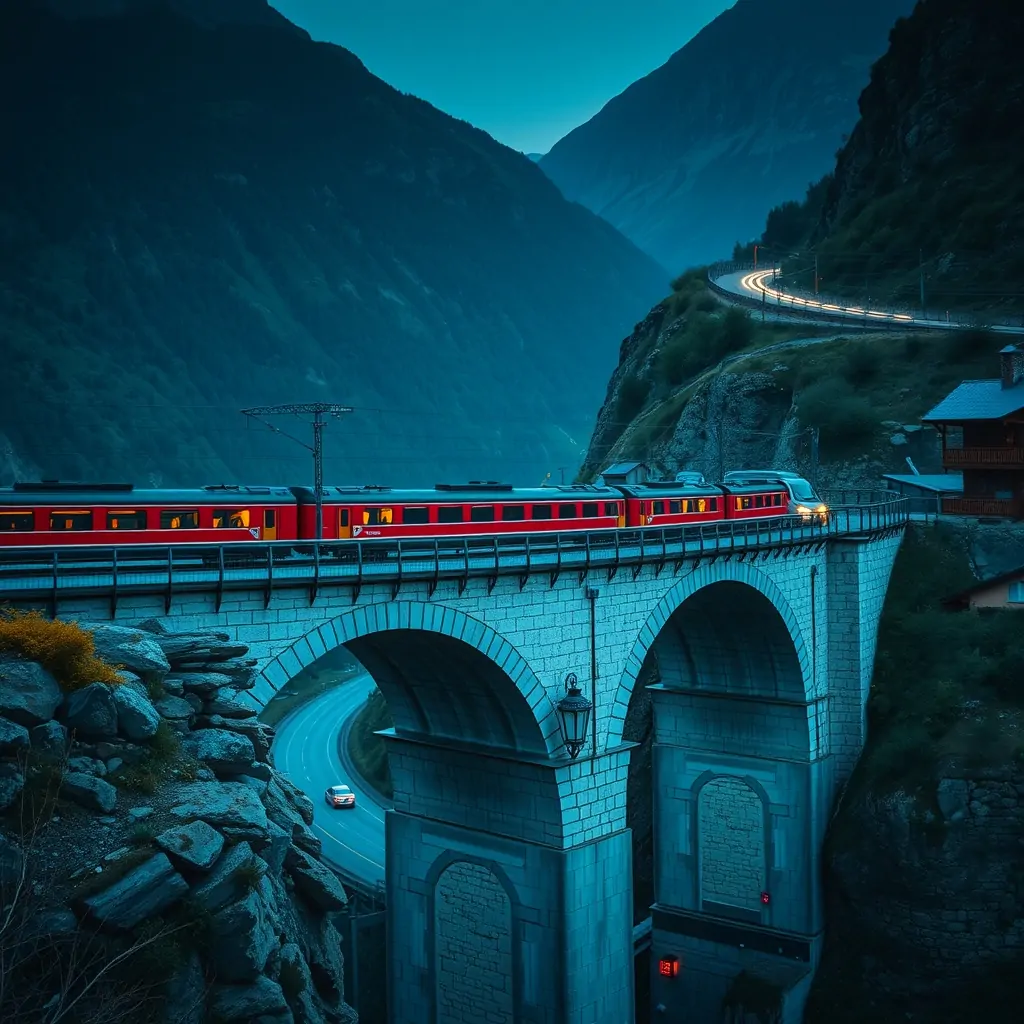 Treno regionale rosso su un viadotto di pietra all'ora blu, con la strada del passo che sale sopra.