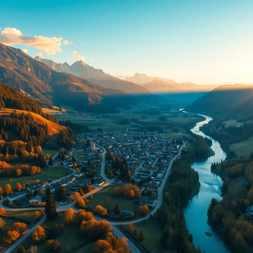 Vista aerea di una valle altoatesina in autunno, con paesi e frutteti lungo il fiume.